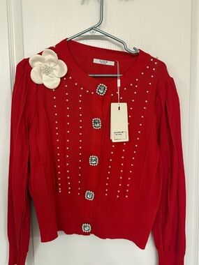 Elsam Red Jewel-Button Cardigan with Pearl Accents